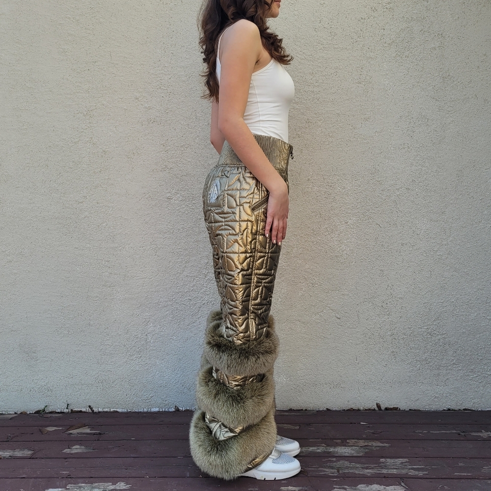 Moose Knuckles Metallic Gold Quilted Ski Pants with Fur Trim - Picture 3 of 13